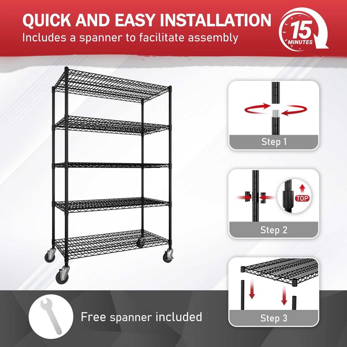 MUPATER 48" W x 24" D x 72" H Metal Wire Rack Shelving with Wheels, 3000lbs 5-Tier Rolling Storage Shelves, Adjustable Height, Heavy Duty Pantry Shelves for Garage, Kitchen, Laundry, Commercial, Black