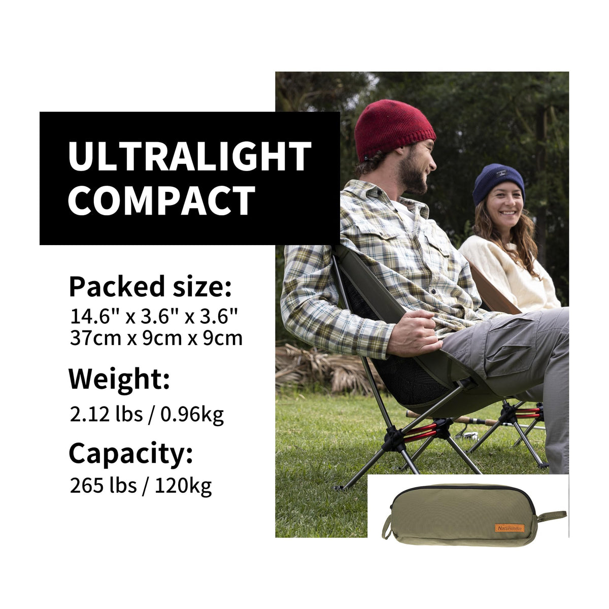 Naturehike YL08 Ultralight Camping Chair, 2.12 LBS Portable Backpacking Chair with Storage Bag & Anti-Sinking Feet, Lightweight Compact Collapsible Camp Chair