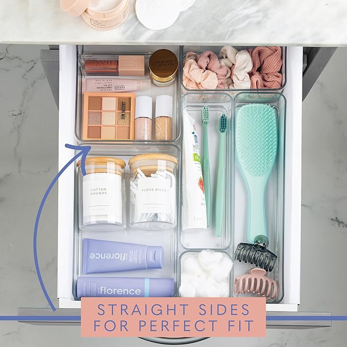 Plastic Clear Drawer Organizers. Bathroom, Kitchen, Bedroom, Makeup, Office Organizer Bins, Storage Trays. Heavy Duty, Stackable. 6" x 6" x 2" Set of 6