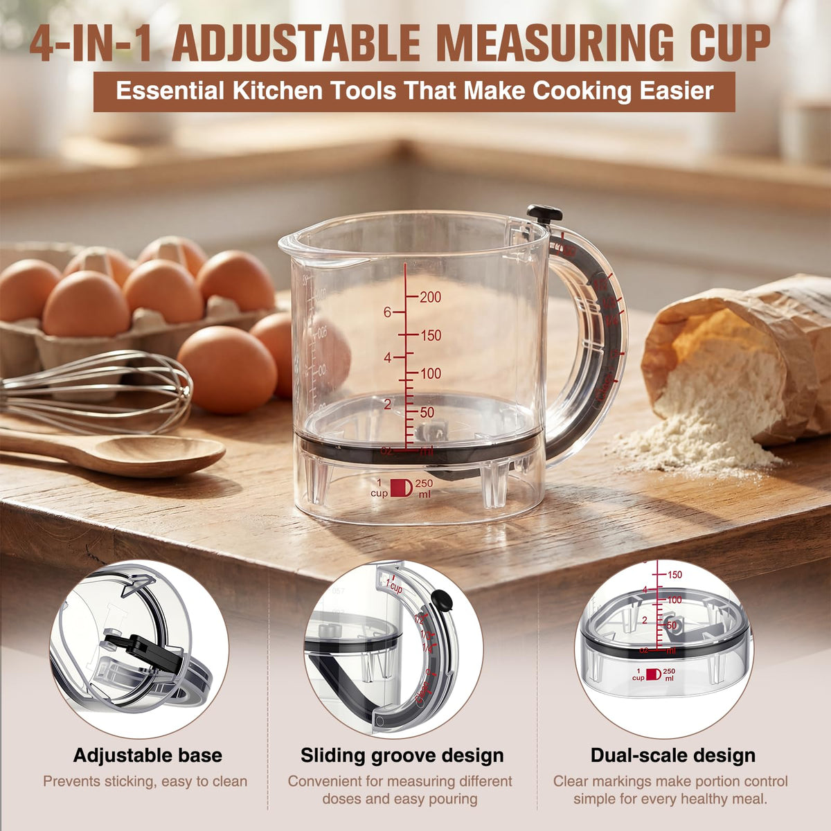 Saysurey 4 In1 Adjustable Measuring Cup Set Multi with Scraper Style Seal Base Adjustable Measuring Spoon Measurement Conversion Chart Space Saving Easy to Clean for Baking Cooking