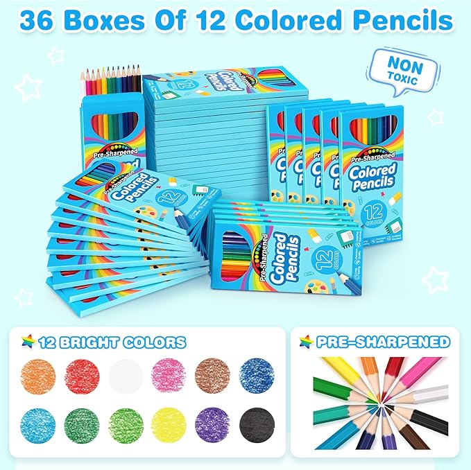 Jumlys 432 Count Colored Pencils Bulk for Kids, 36 Packs Pre-sharpened Coloring Pencils in 12 Colors, Bulk School Supplies for Teachers, Ideal Back to School Supplies & Classroom Prizes
