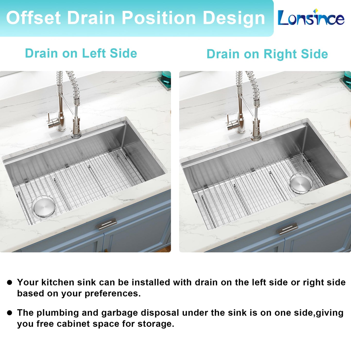 Lonsince Undermount Kitchen Sink 33 inch,16 Gauge Stainless Steel Workstation Sinks,Deep and Large Single Bowl Kitchen Sink Offset Drain (33" X 18")