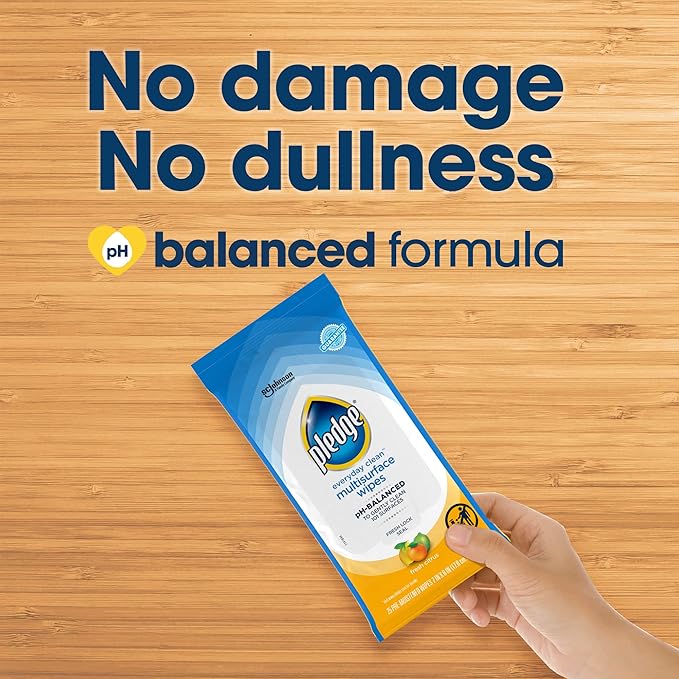 Pledge Multisurface Cleaning Wipes, pH Balanced, Fresh Citrus, 25 Count (Pack of 4, 100 Total Wipes)