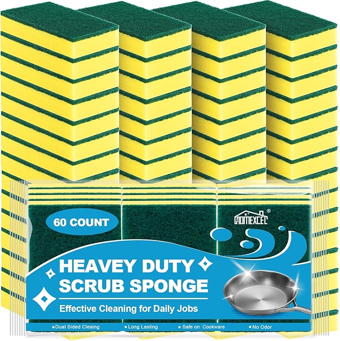 HOMEXCEL Heavy Duty Scrub Sponges Kitchen 60 Count, Extra-Large Sponges for Cleaning Kitchen and Household, Dish Scrubber for Washing Dishes, Pots and Pans