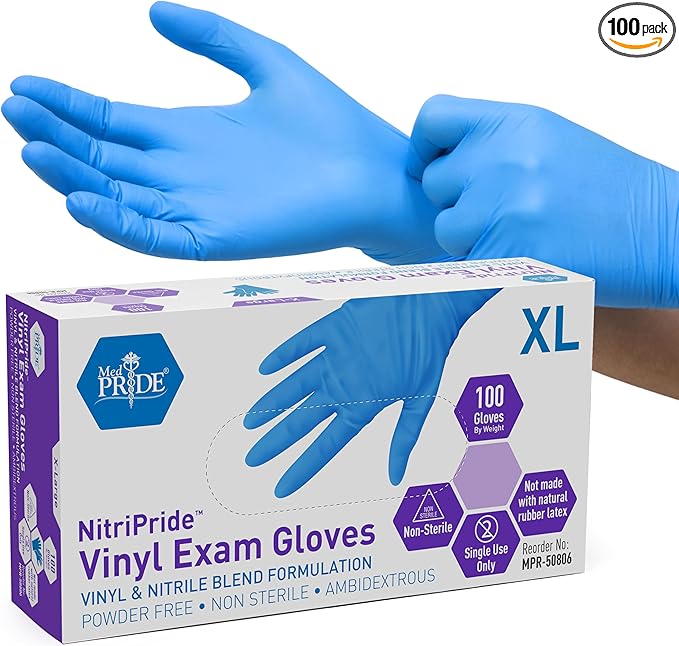 MED PRIDE Single Use Non Sterile Nitrile Vinyl Blend Gloves, Powder, Latex, Rubber Free Disposable Nurse Gloves for Medical, Cooking, Cleaning (X-Large 100)