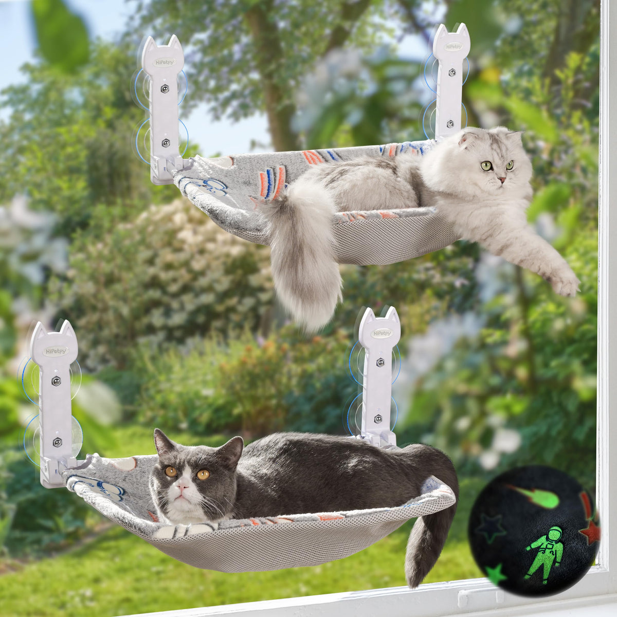 HiPetpy 2 Pack Cat Window Perch, Glow in The Dark Foldable Cat Hammock with Sunken Design & Removable Soft Cover, Breathable Cordless Window Bed for Resting Indoor Kitten (Shallow Perch, 2 Pack - M)
