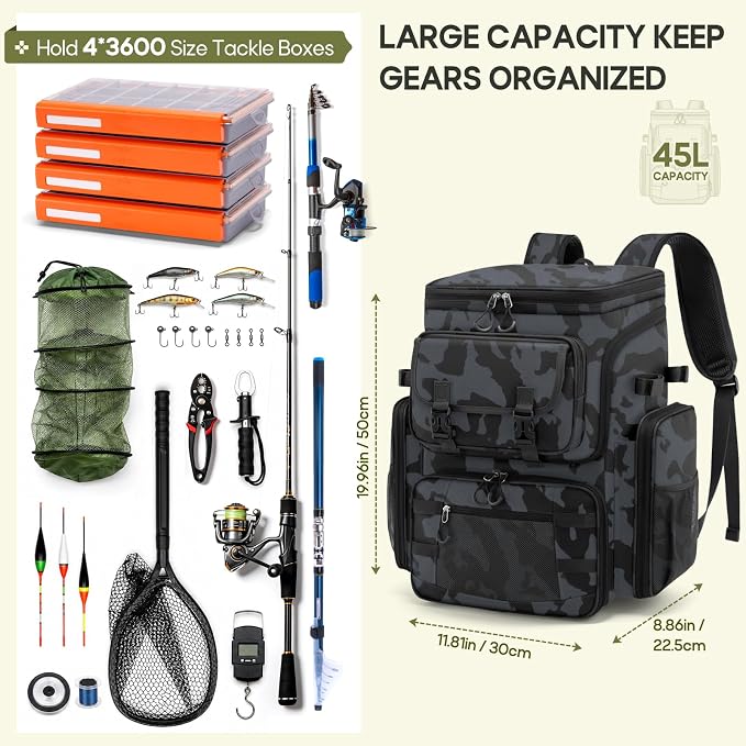 RAINSMORE Fishing Backpack, 45L Large Fishing Bag with 4 Rod Holders & Insulated Cooler Professional Fishing Tackle Backpack with Rain Cover Waterproof Tackle Bag for Men Gift, Black Camouflage