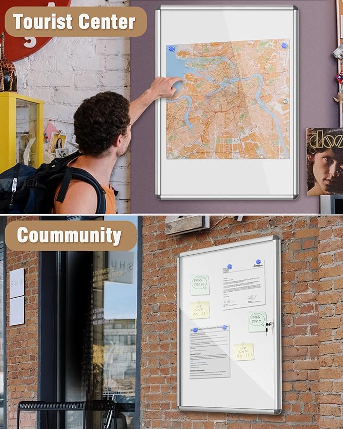 38"x28" Enclosed Bulletin Board, Lockable Weather-Resistant Aluminum Noticeboard for School & Office, Silver Frame w/Magentic Whiteboard