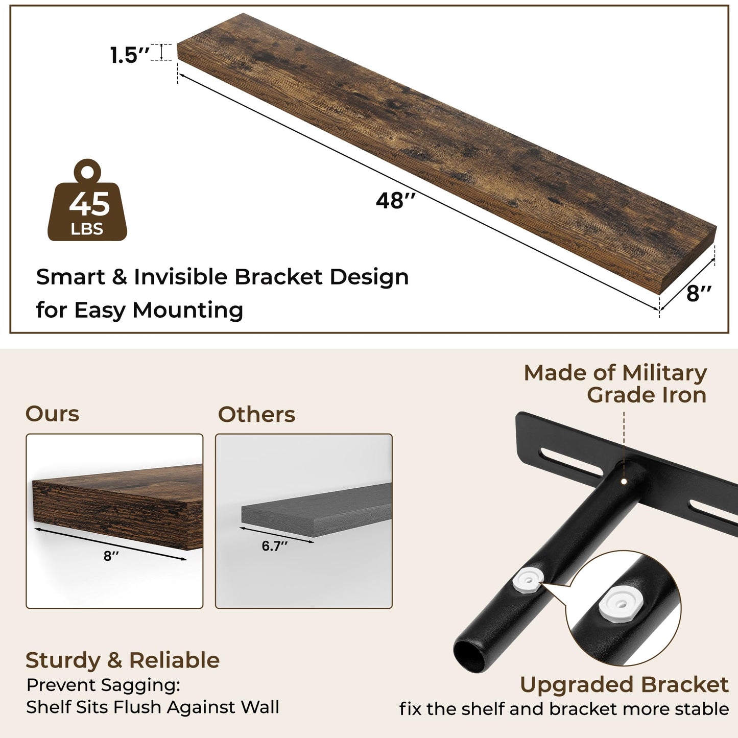 RICHFOCUS 48Inch Floating Shelves for Wall 2 Pack Shelves for Bedroom|Kitchen|Bathroom Wall Mounted Rustic Wood Floating Shelf with Invisible Brackets for Books|Storage|Decor, Rustic Brown