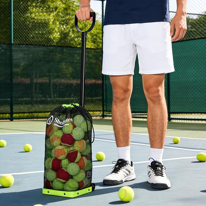 Tennis Ball Hopper with Telescopic Handle - Holds 50+ Tennis Balls or 40+ Pickleballs, Portable Tennis Ball Picker with Quiet Wheels，Built for Hard Courts & Daily Practice