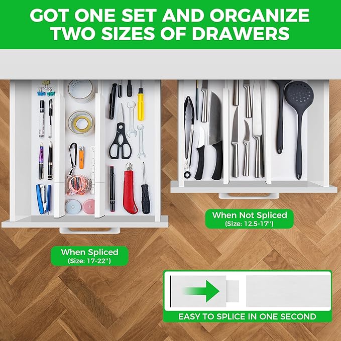 Bamboo Drawer Dividers Organizer with Inserts, Expandable from 12.5-21.7", Adjustable Drawer Organizer Separators for Utensils, Dresser, Bedroom, Bathroom, Closet, Clothing, Office (White)