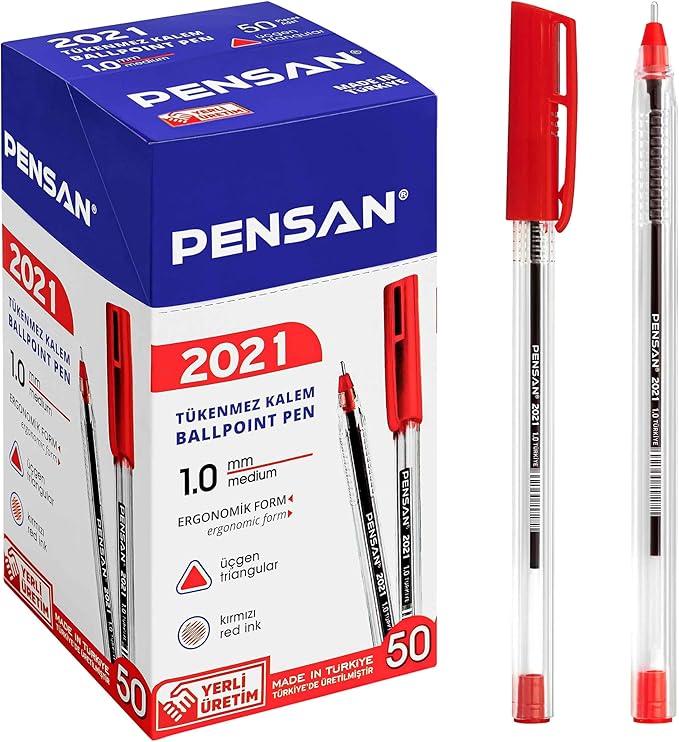 Red Ballpoint Pens,1.0 mm Medium Point, Red Pens, Ergonomic Triangle Grip, 50-Count Pack of Bulk Pens