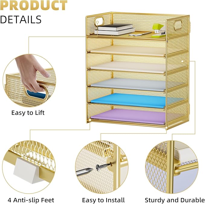 Marbrasse Paper Letter Tray Organizer - 6 Tier Mesh File Organizer with Handle, Paper Sorter Organizer for Letter/A4 Office File Folder Holder - Gold