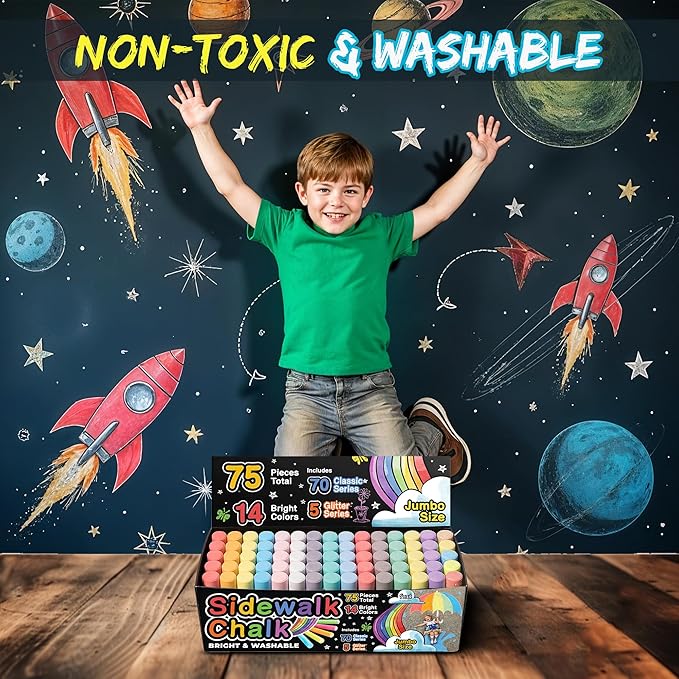 75 PCS Sidewalk Chalk for Kids - 14 Colors, 5 Glitter, Non-Toxic Washable Jumbo Chalks - Bulk Set of Outdoor Paint for Kids and Toddlers - Chalkboard Toys - Big Bucket Chalk for Party