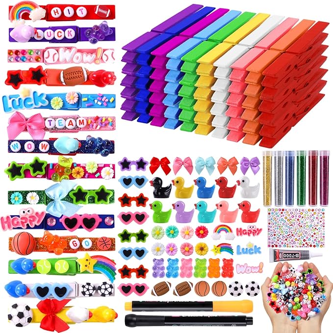 JOICEE 60 Set Cheer Pins Spirit Clips, 60 Colored Wooden Clothes Pins 102 Mini Resin Ducks Bows Daisy and Stickers Pens 150 Clay Beads for Backpacks Ribbon Team Classroom Cheer Gifts Bulk