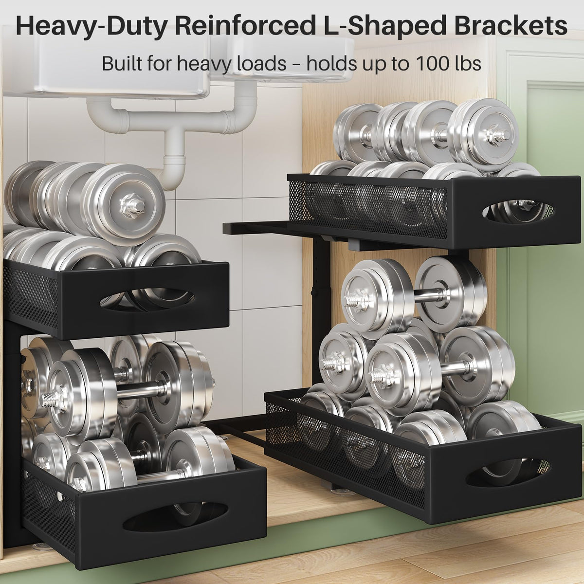 Under Sink Organizer, 2 Tier Pull out Cabinet Organizer Baskets with Mesh Sliding Drawers, Slide out Storage Shelf for Home, Kitchen, Bathroom, Pantry, Office Cabinet, Countertop(1 Pack)