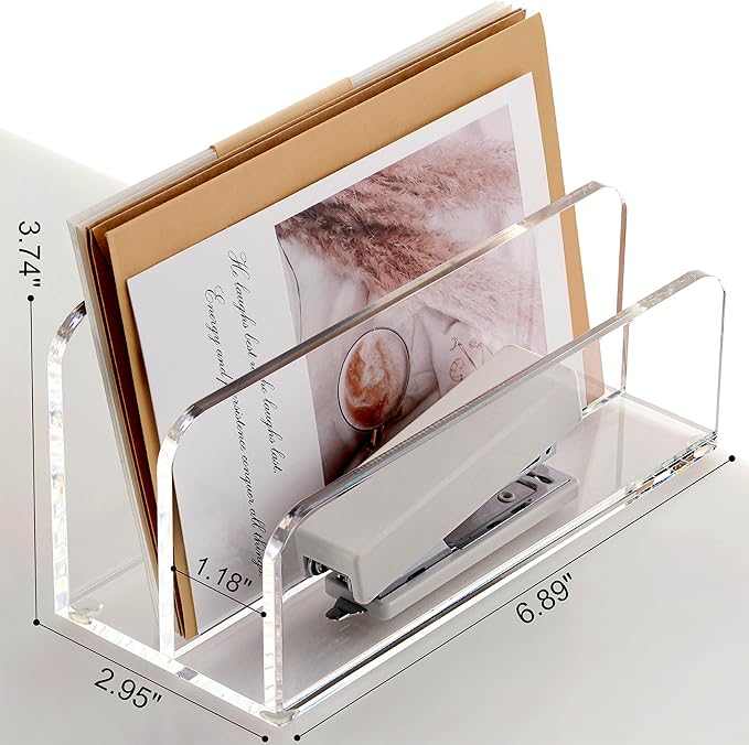 SANRUI Acrylic Mail Sorter Desktop Organizer Holder, 2 Compartments Clear Small File Script Letter Office Document Storage for Desk Bill Filling Envelope Holder Office, Home, School Desk Organization