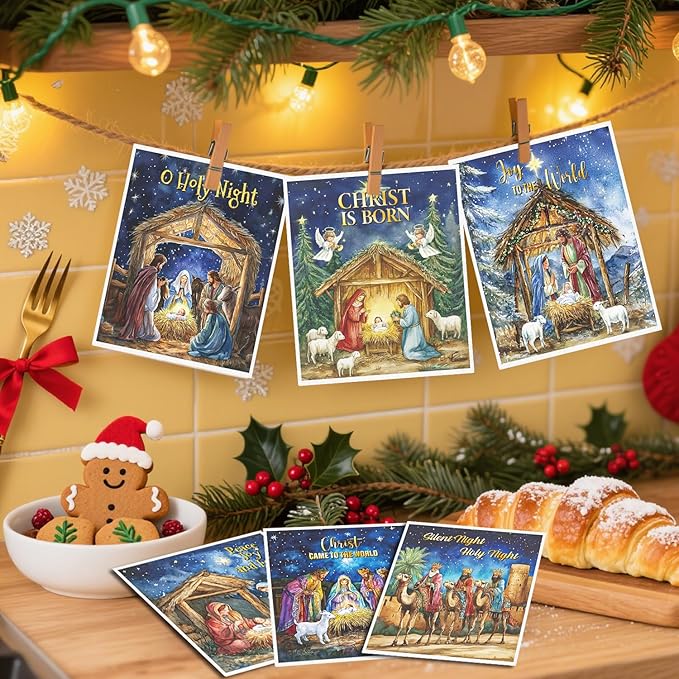 Christmas Swedish Dishcloths for Kitchen - 6PCS Nativity Christmas Swedish Cloths for Washing Dishes, Watercolor Holy Night Reusable Dish Towels Gifts, Holiday Xmas Washable Cleaning Sponge