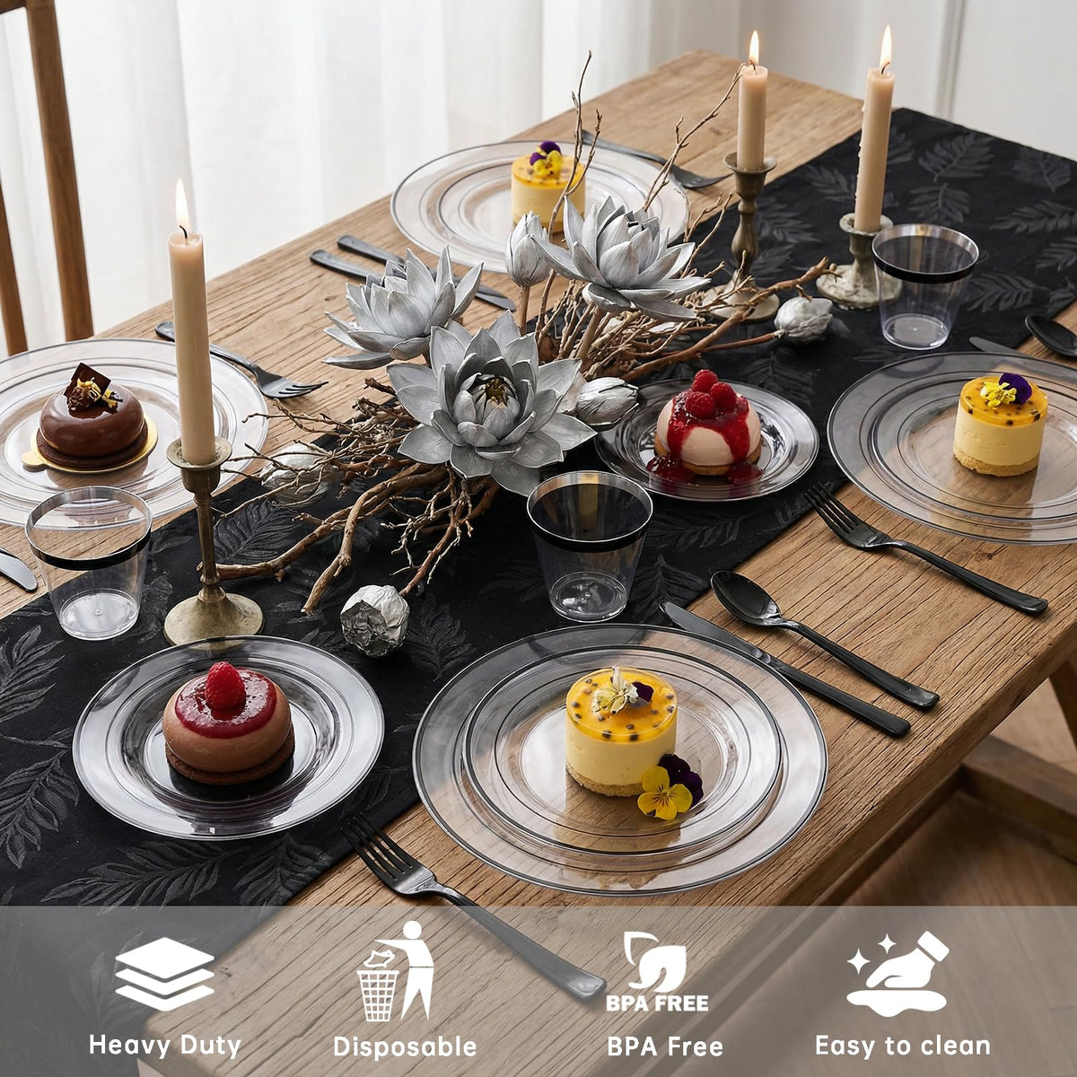 I00000 350 Pcs Black Plastic Dinnerware Set for 50 Guests Include: 50 Dinner Plates, 50 Dessert Plates, 50 Pre Rolled Napkins with Cutlery Set, 50 Cups for Birthday, Wedding Party Graduation