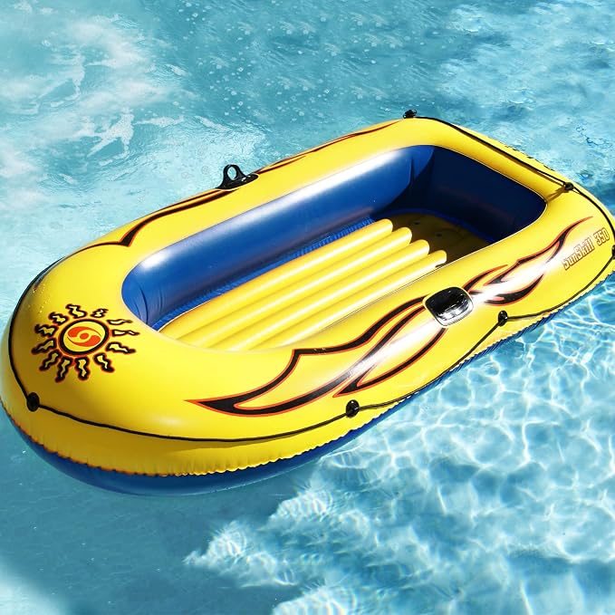 SOLSTICE Inflatable Boat Rafts 3 Person for Adults & Kids Comes W/ Oars Paddles Pump Pole Oar Holders Cushioned Comfortable Base Grab Line 8 Ft Size Sunskiff Kits Dinghy Air Floor Yellow