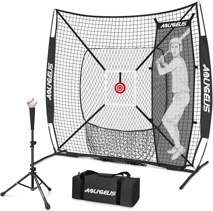 6'X6' Baseball Softball Practice Net,Pitching Net,Batting Net,with Baseball Tee,Bonus Strike Zone,Target and Bow Frame,for Hitting,Pitching,Catching