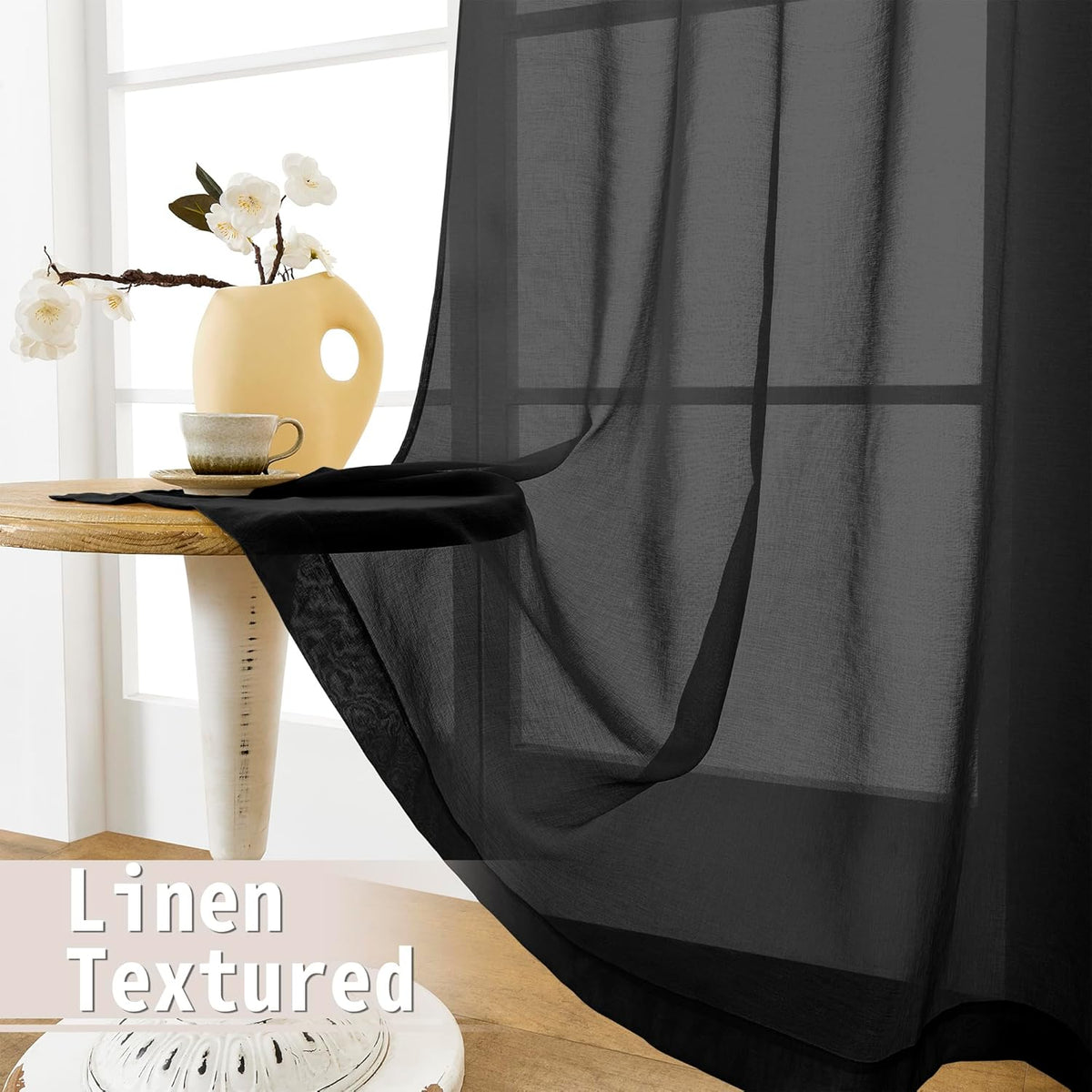 Tollpiz Sheer Door Curtains Closet Linen Textured Curtain Sheers Doorway Light Filtering Voile Patio Glass Door Rod Pocket Curtains French Door, 54 x 80 inches Long, Black, Set of 1 Panel