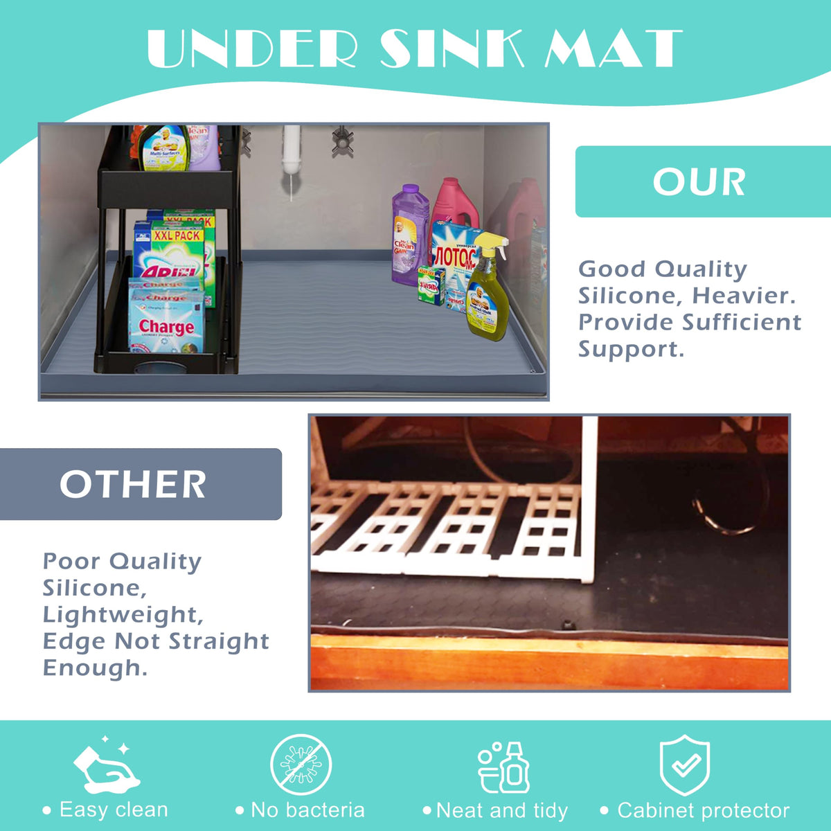 URMONA Waterproof Silicone Under Sink Mat 31'' x 22'' Shelf Liner for Kitchen and Bathroom, Cabinet and Counter Protector, Storage and Organizers, Litter Mat, Pet Cat Puppy Essentials(Dark Grey)