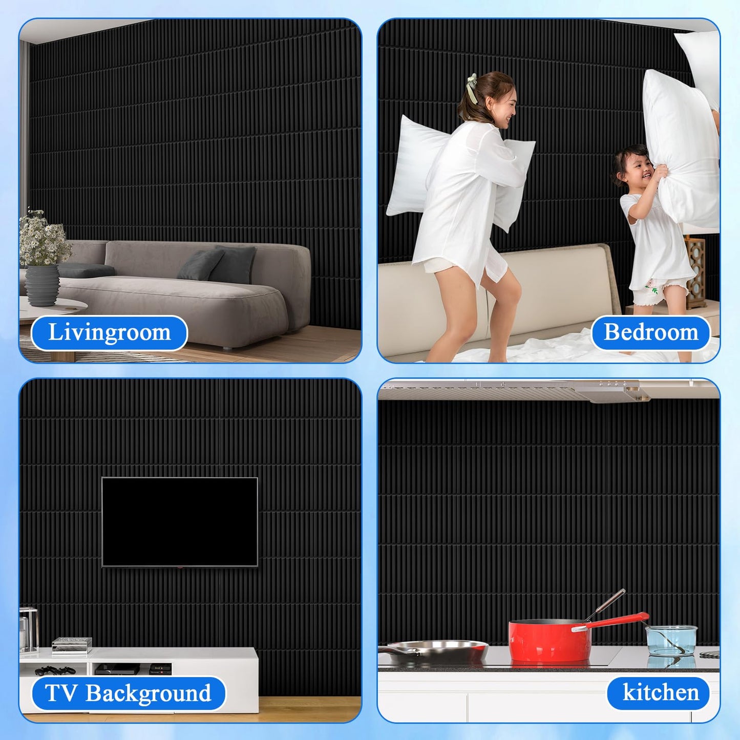 Nuanchu 32 Pcs 3D Wall Panels for Interior Wall Decor, 12''x12'' Fluted Textured Black Accent Tiles Waterproof Paintable for Living Room TV Background Bedroom Bathroom Gaming Room, 58 Sq. ft Coverage