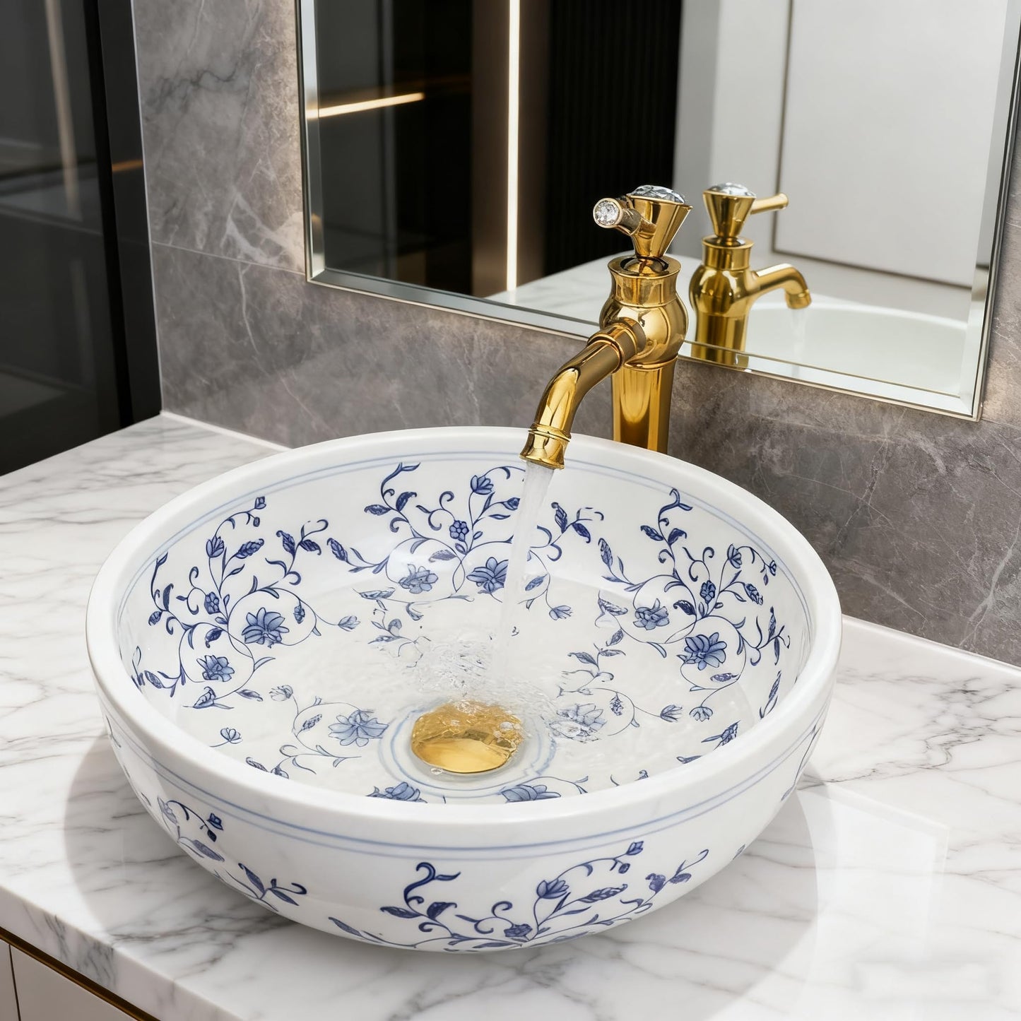 OUBONI 16 Inch Bathroom Vessel Sink, Blue and White Porcelain Ceramic Vessel Sink with Gold Faucet and Pop-up Drain Combo, Round Ceramic Bathroom Sink with Flower, Artistic Sink Bowl Above Counter