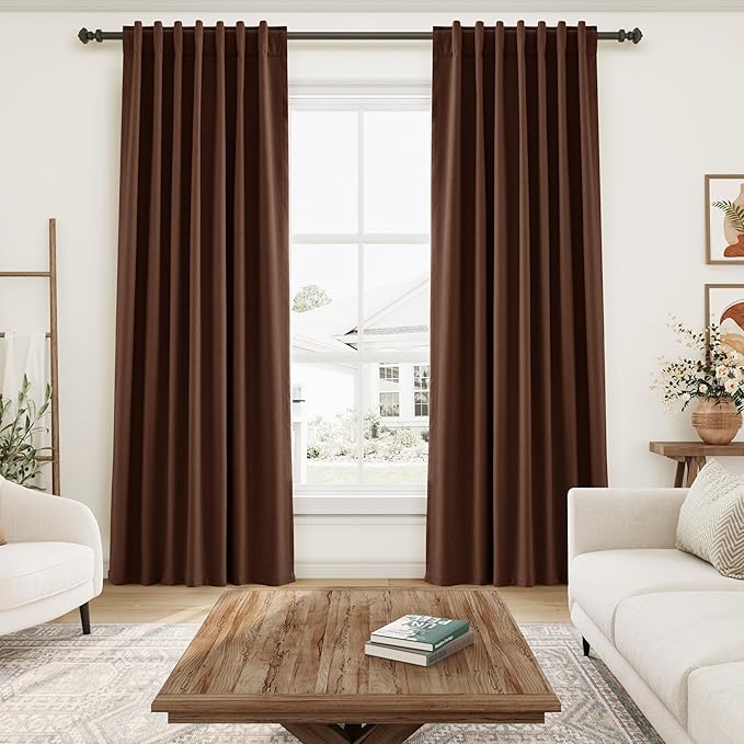 Full Black Out Rustic Brown Window Curtains 96 Inches Long Back Tab Rod Pocket Sound Absorbing Light Blocking 2 Panels Set for Dining Room Neutral Rustic Modern Farmhouse Curtains Drapes 52x96
