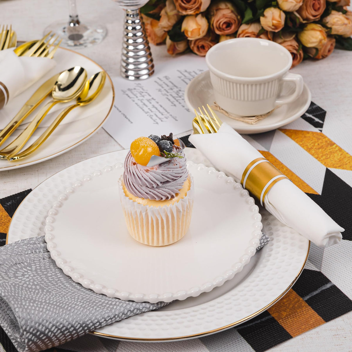 N9R 120 Pack Pre Rolled Gold Plastic Silverware Set, Wrapped Plastic Silverware Set with 120 Forks, 120 Knives, 120 Spoons and 120 Napkins, Disposable Cutlery Set for Party and Wedding