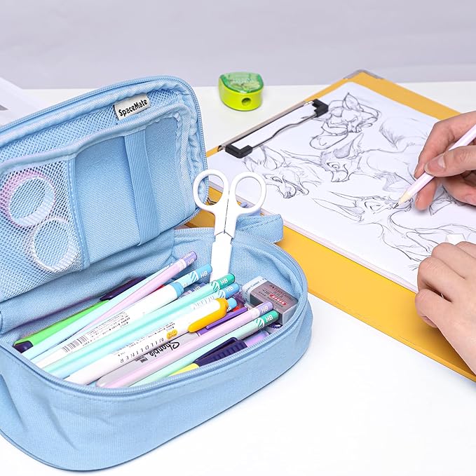 Pencil Case Pouch Box Bag School Supplies Girls Boys Kids, Cute Preppy Stuff Large Big Capacity Aesthetic Pen Organizer, Back to College Stationary, Sky Blue, Heavy Duty Canvas, 1800ml