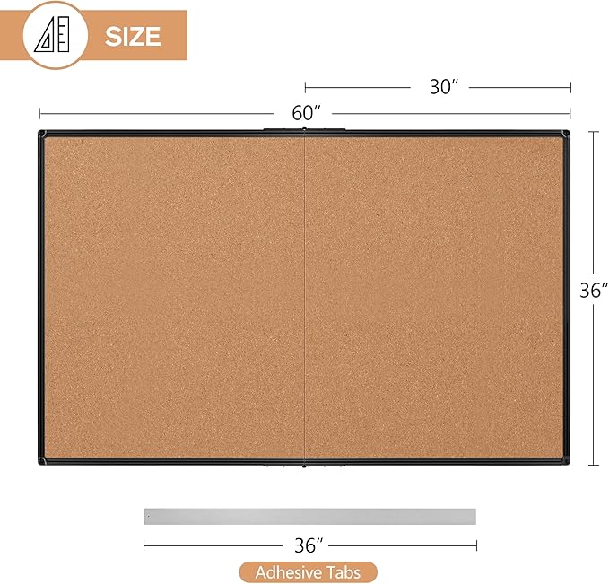 Board2by Extra Large Cork Bulletin Board 60" X 36", Foldable Notice Pin Board for Wall, Black Aluminum Framed 5'x3' Corkboard, Wall Mounted Noticeboard with 36 Push Pins for School, Home & Office