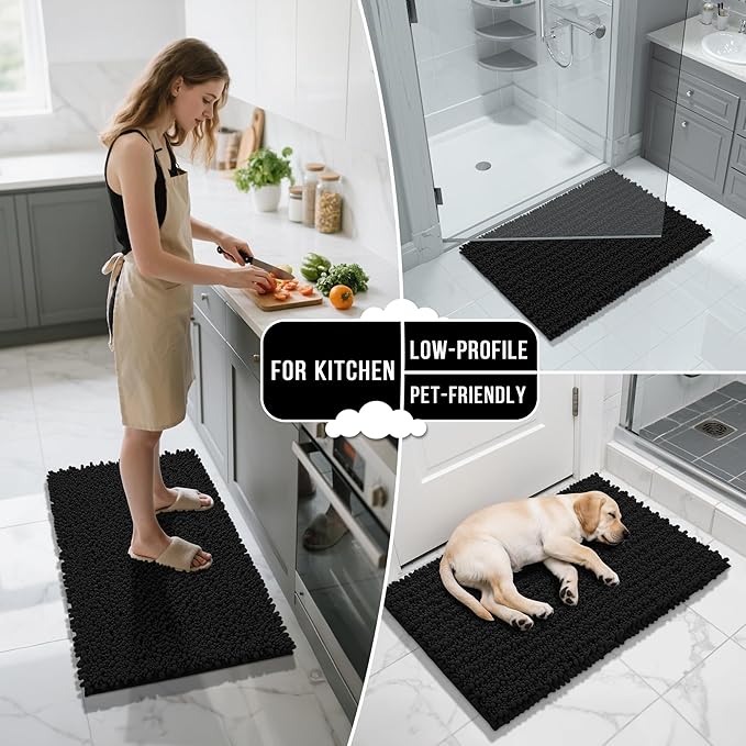 Yimobra Bathroom Rugs Non Slip Washable 24x17 Inch - Ultra Soft Absorbent Chenille Bath Mat, Quick Dry Shaggy Floor Carpet for Tub Shower, Black Home Decor Accessories