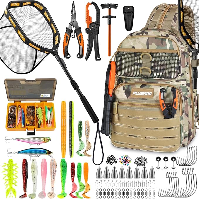 PLUSINNO Fishing Backpack with Fishing Gear Fishing Net, Waterproof Tackle Backpack with Rod Holders, Tackle Box, Lures, Tools, Pliers & Accessories, Fish Gifts for Men