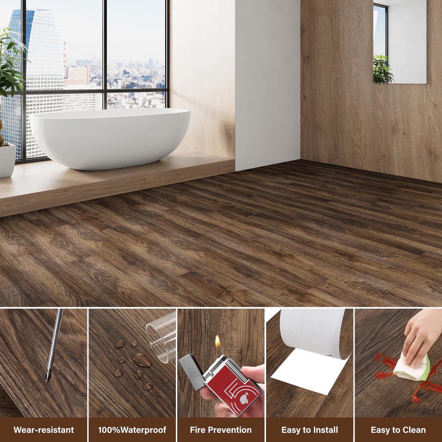 Peel and Stick Floor Tile, INMOZATA 36-Pack 54 Sq.Ft Self Adhesive Vinyl Plank Flooring Wood Grain Look 36x6 Inch Waterproof Tile Sticker for Bedroom, Living Room, Kitchen, RV (Smoked Brown)