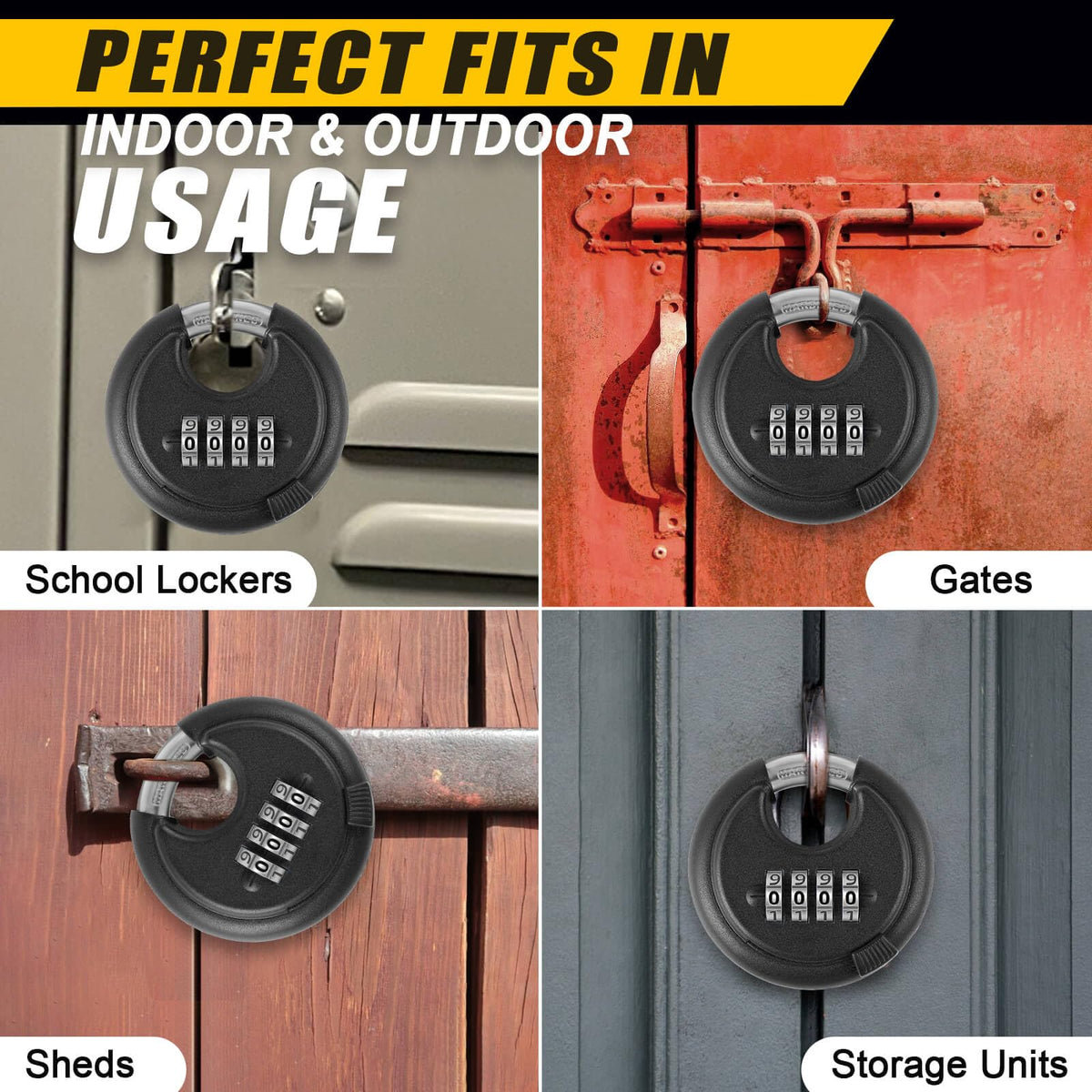 DAYGOS Combination Disc Padlocks for Outdoor - Heavy Duty 4 Digit Code Lock, Combo Discus Lock for Storage Unit,Gate,Fence,Traile(3/8-in Shackle,1PCS,Black)