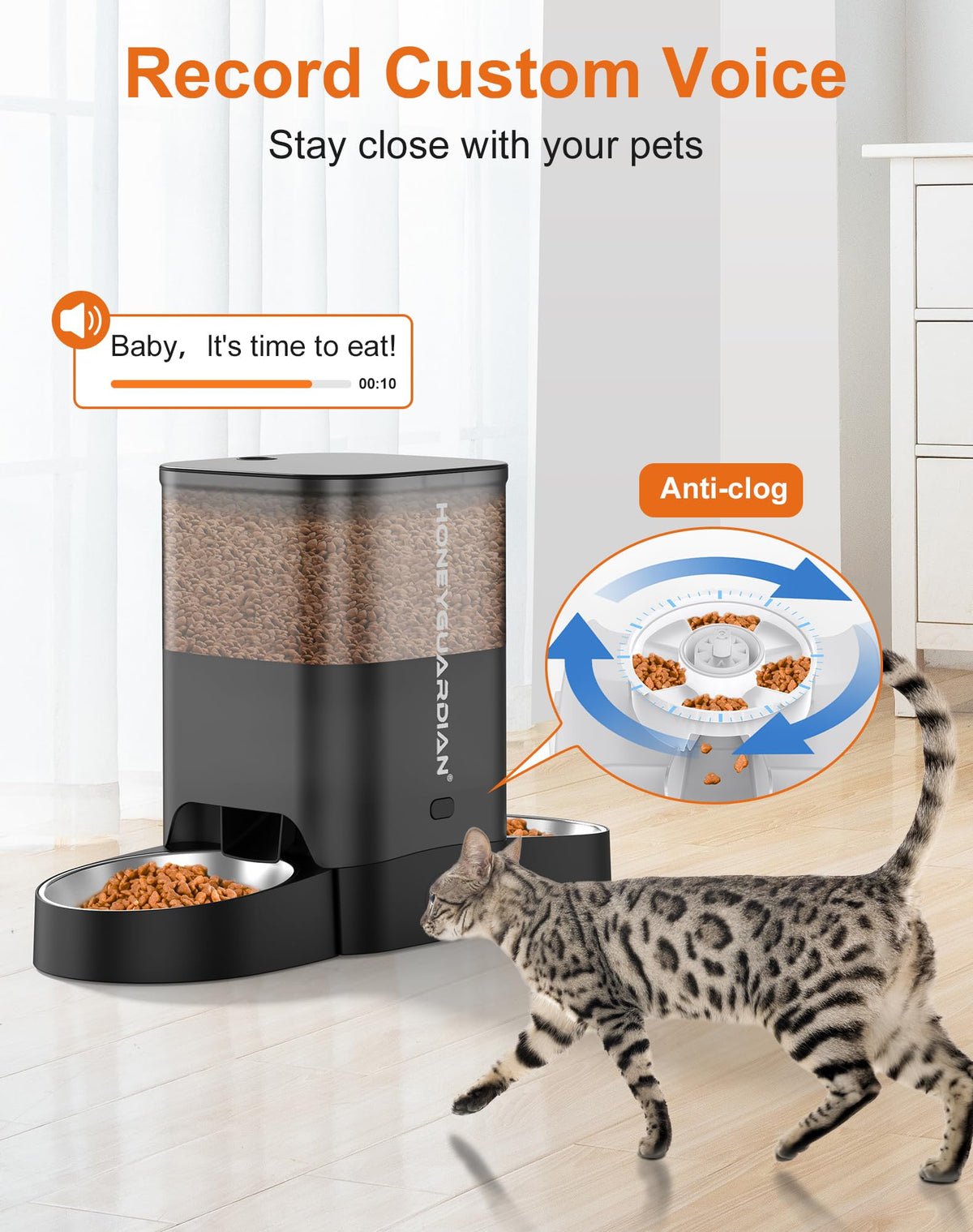 HoneyGuaridan Automatic Cat Feeder for Two Cats, 5G WiFi Smart Feed Pet Feeder with Stainless Steel Bowl,APP Control Dispenser, Dual Power Supply,Desiccant Bag,10s Meal Call Black