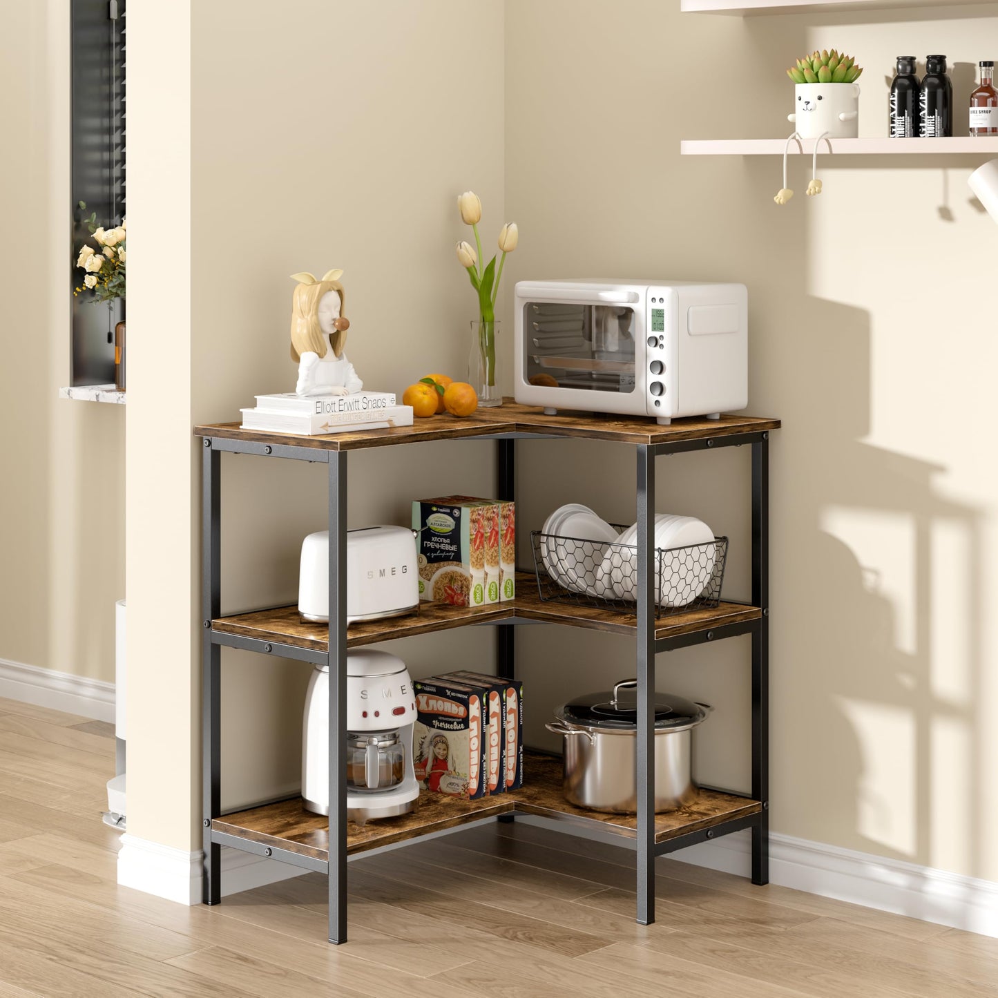 VECELO Corner Cabinet Table with 3 Tier Open Shelf, Multipurpose Display Organizer Storage Stand for Small Space Home Office Kitchen, Brown