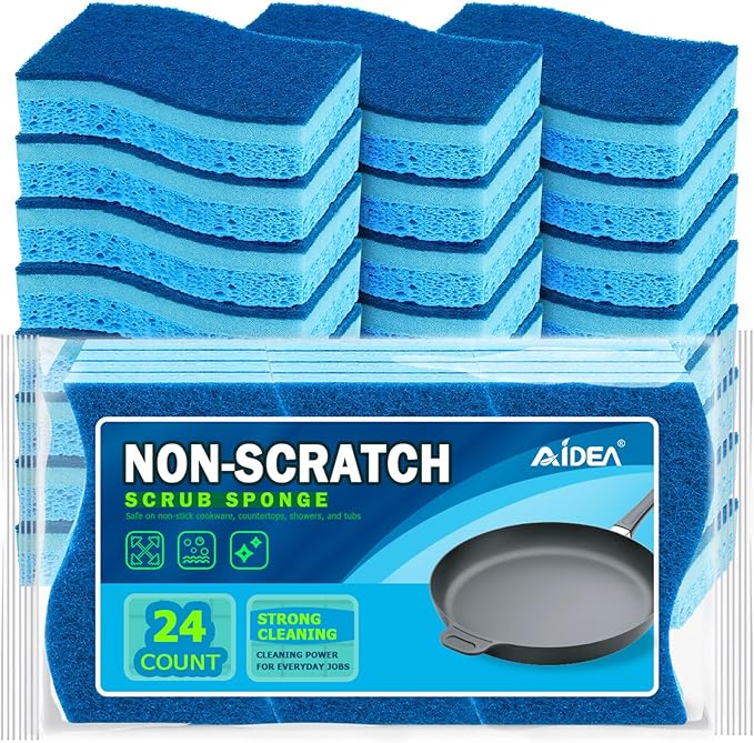 AIDEA Sponges Kitchen, Non-Scratch Scrub Sponge, 24Count, Sponges for Non-Stick Cookware, Kitchen Sponge for Dishes, Cleans Fast Without Scratching, Cleaning Power for Kitchen, Bathroom, Household
