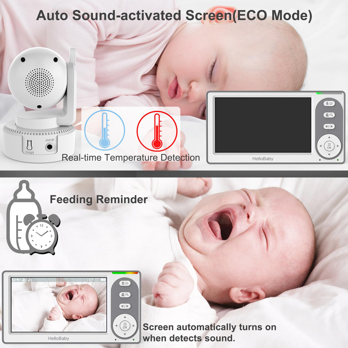HelloBaby 4.3'' Video Baby Monitor with 30 Hours Battery, Remote Pan-Tilt-Zoom Baby Monitor No WiFi, Baby Monitor with Camera and Audio, Night Vision, ECO Mode, Two-way Talk, 8 Lullabies, 1000ft Range