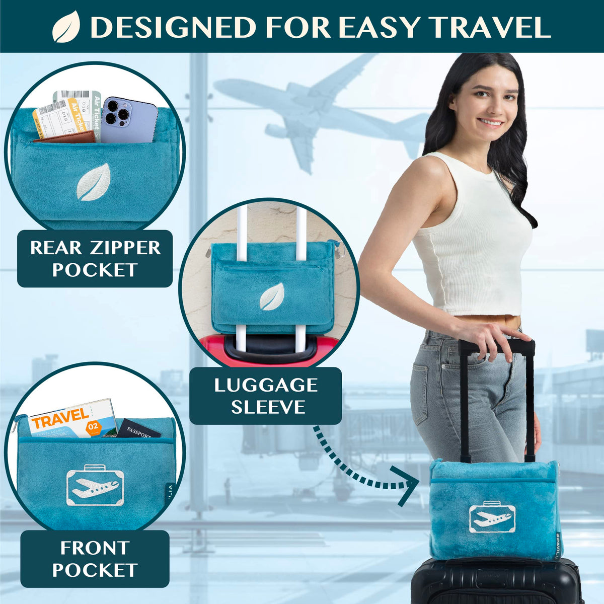 PAVILIA Travel Blanket Pillow in Soft Bag with Pockets, Airplane Blanket Set, Plane Blanket Compact Packable, Flight Essentials Car Pillow, Travelers Accessories Gifts, Luggage Strap, Turquoise