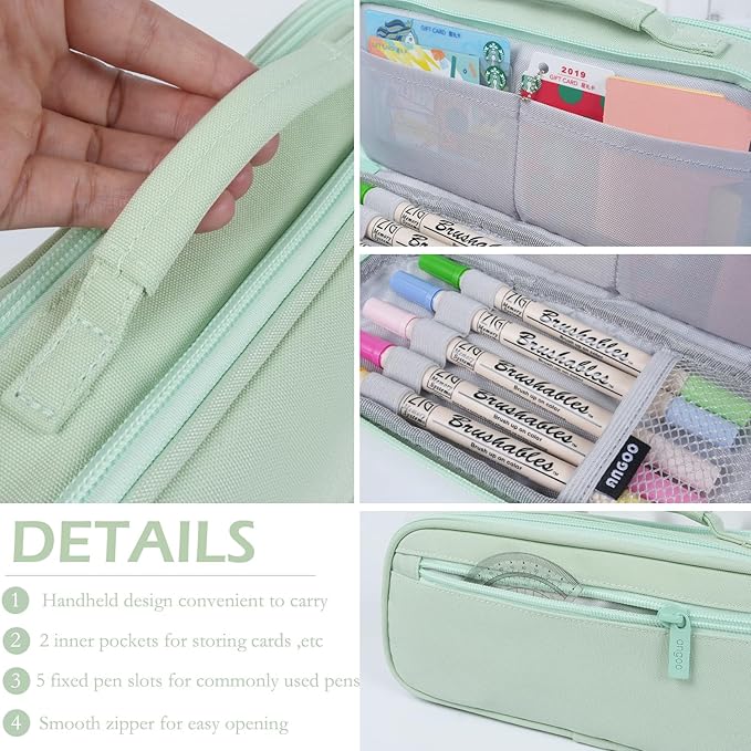 MAMUNU Pencil Case Large Capacity with 3 Compartments, Pencil Case Pouch Bag with Zipper Handle Portable Pen Stationery Organizer for Teen Girls Boys Adults College School Office Travel, Green
