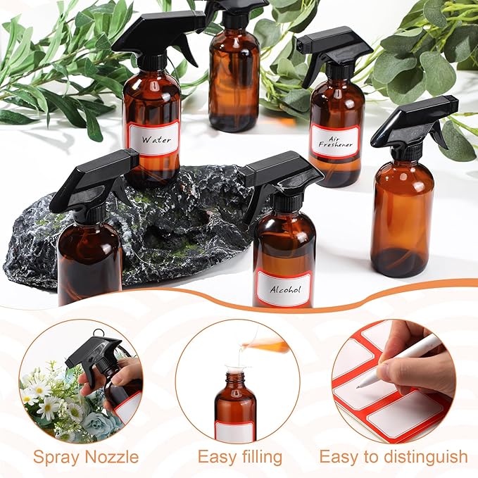 Norme 12 Pcs 8 oz Glass Spray Bottles with Funnels and Labels Refillable Cosmetic Empty Spray Bottles with Sprayer Containers for Essential Oil Cleaning Solutions(Amber,Classic)