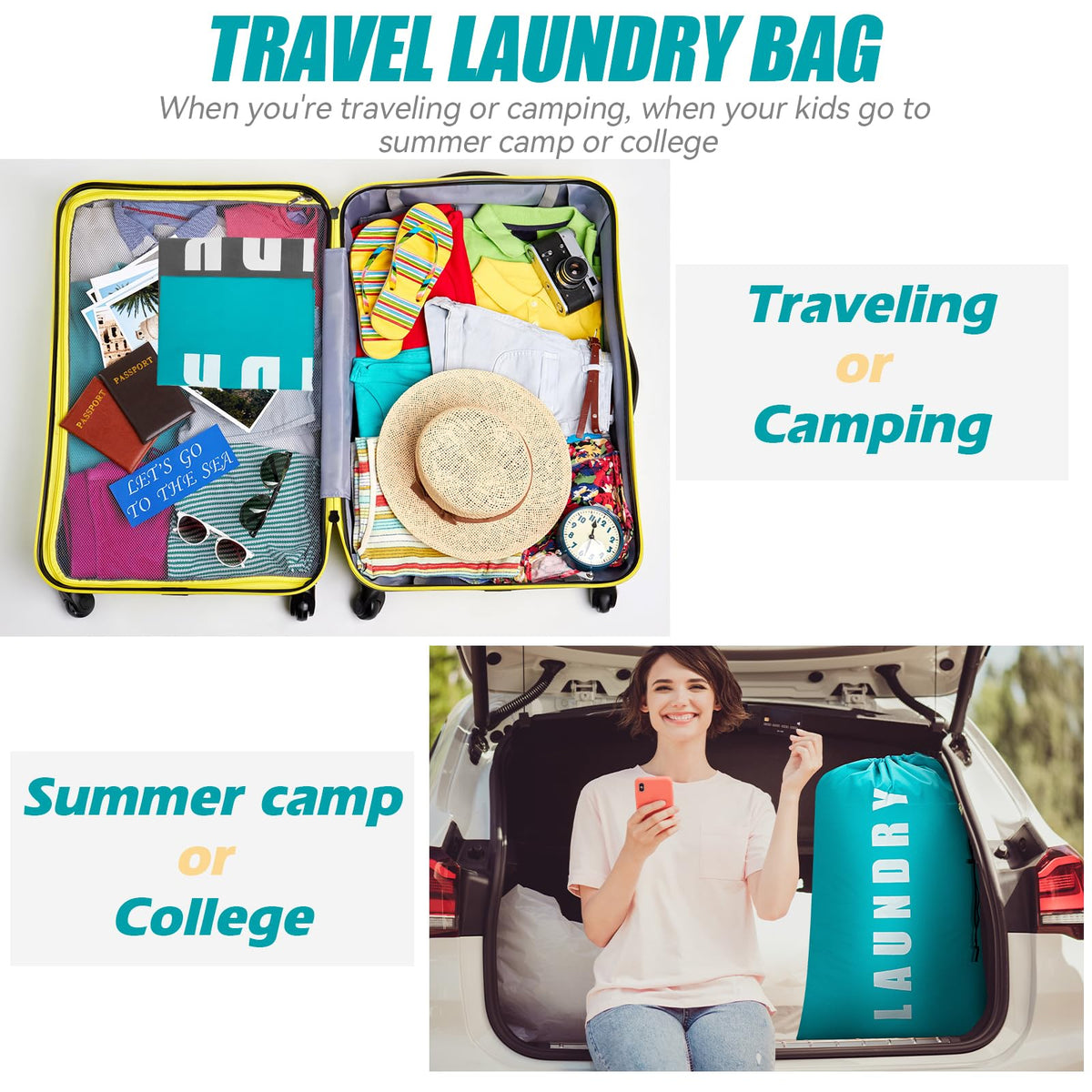 Isink Laundry Bag,2 Pack Travel Laundry Bags for Dirty Clothes,Large Laundry Bags for Camping & Traveling,Dirty Clothes Travel Bag,24" x 36" (Cyan + Gray)