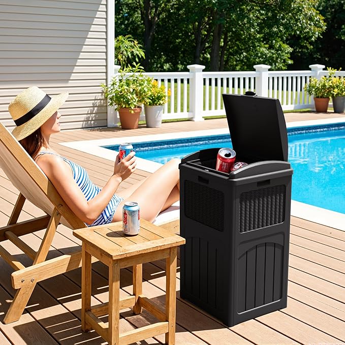 Greesum 33 Gallon Outdoor Trash Can with Lid, Waterproof Resin Garbage Bin for Hideaway, Deck, Patio, 3 Pack, Black