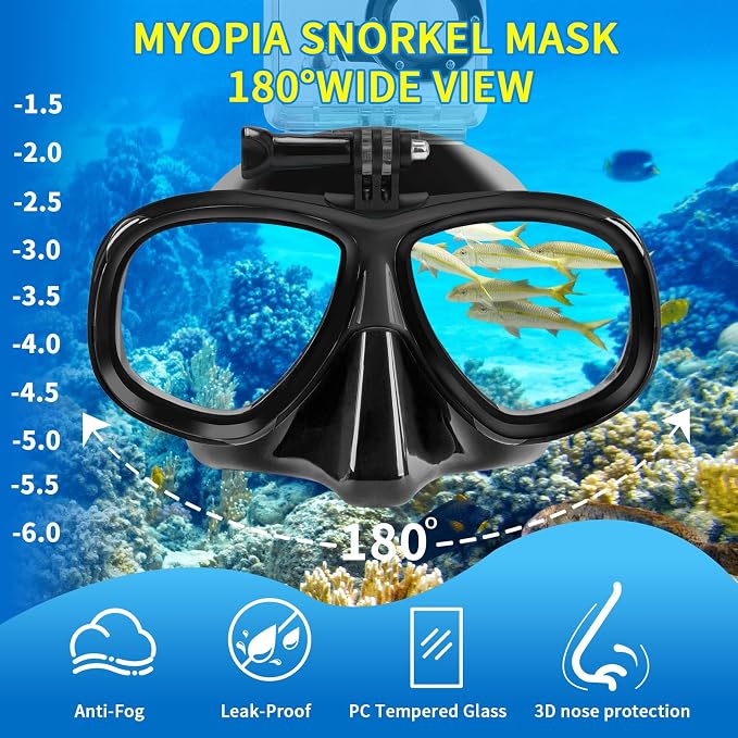 Snorkeling Gear for Adults Youth, Nearsighted Anti-Fog Diving Mask & Silicone Dry Snorkel for Scuba Diving Spearfishing Freediving