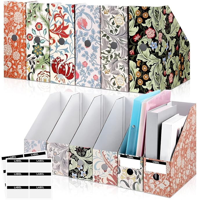 PerKoop 6 Pcs Magazine File Holder Foldable Decorative Cardboard File Folders 6 Patterns Floral Colored Magazine Rack with Printable Sticker Labels for School Office Home Desk (Floral)