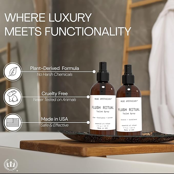 Muse Apothecary Flush Ritual - Aromatic & Refreshing Toilet Spray, Use Before You Go, 4 oz, Infused with Natural Essential Oils - Coconut + Sandalwood, 2 Pack