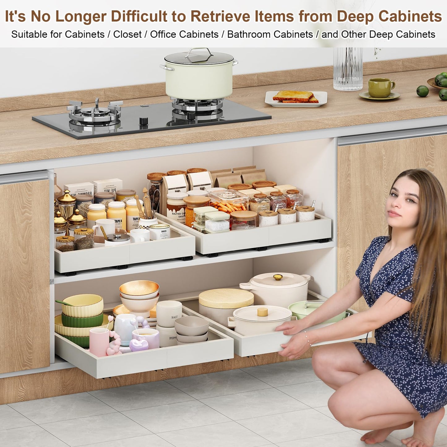 Pull out Cabinet Organizer,Width (14"-21") and Depth (17"-24") Expandable With 3 Rails,No Drill Adjustable Slide out Drawers for Kitchen,Pantry,Adhesive Roll out Shelves,for Cabinets Without Lip,White